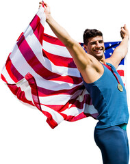 Digital png photo of biracial medallist holding flag on transparent background