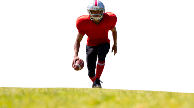 Digital png photo of african american rugby player running with ball on transparent background