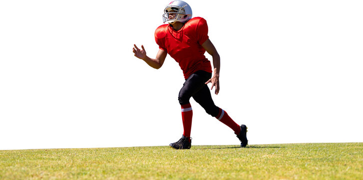 Digital png photo of african american rugby player running on transparent background