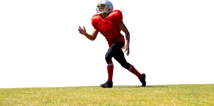 Digital png photo of african american rugby player running on transparent background