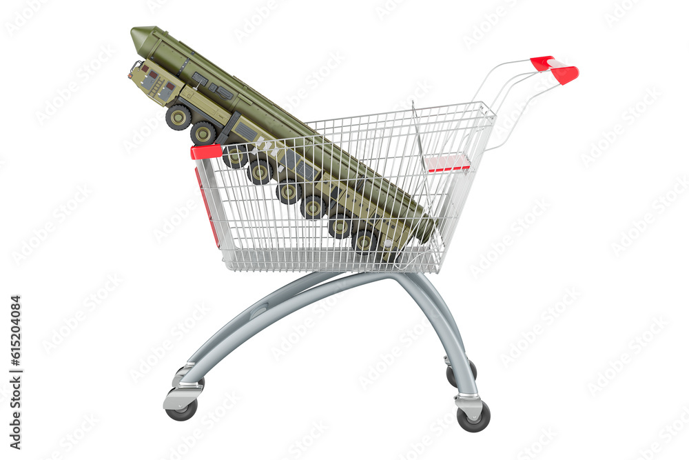Poster scud missile, mobile short-range ballistic missile system with shopping cart. 3d rendering