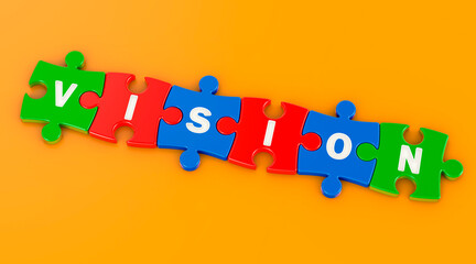 Vision concept from colored puzzles on orange backdrop, 3D rendering