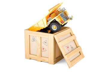 Dump truck inside wooden box, delivery concept. 3D rendering