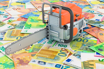 Chainsaw on the euro background, 3D rendering