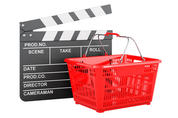 Shopping basket with movie clapper. 3D rendering