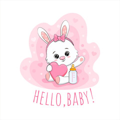 Cute little bunny, cartoon animal character. Poster for baby room, baby shower, greeting card. Nursery illustration.