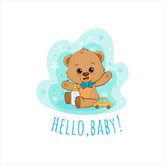 Cute little teddy bear, cartoon animal character. Poster for baby room, baby shower, greeting card. Nursery illustration. 