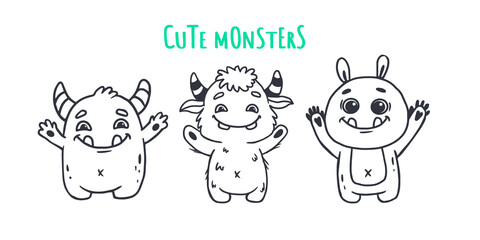 Set of cute cartoon monsters.Funny characters on white background.Icon monster.Doodle style.Alien.