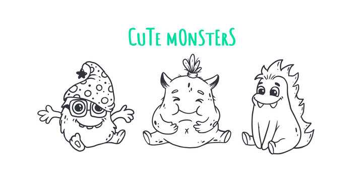 Set of cute cartoon monsters.Funny characters on white background.Icon monster.Doodle style.Alien.
