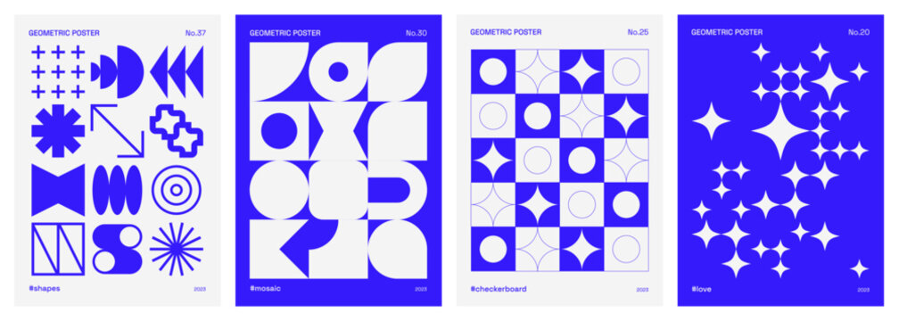 Geometric and blue poster set with basic shapes and symbols influenced by minimalism, Bauhaus, Swiss design and Neo Geo art. Trendy vector patterns for wall arts, brochures, cards, prints or banners.