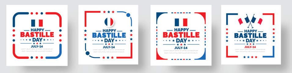 Bastille Day or france independence day social media post banner, background, poster and card design template set with standard color celebrated in july 14.