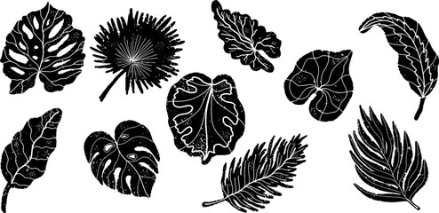 tropical leaves. Exotic set of palm tropical leaves, black silhouettes in linocut style, carved details. Elements for design. Vector big collection