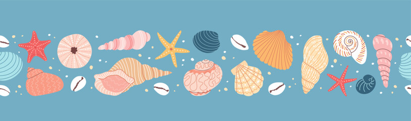 Seashell and starfish seamless stripe. Vector horizontal border. Blue background. Marine pattern. Flat cartoon style. Summer tropical beach shells.