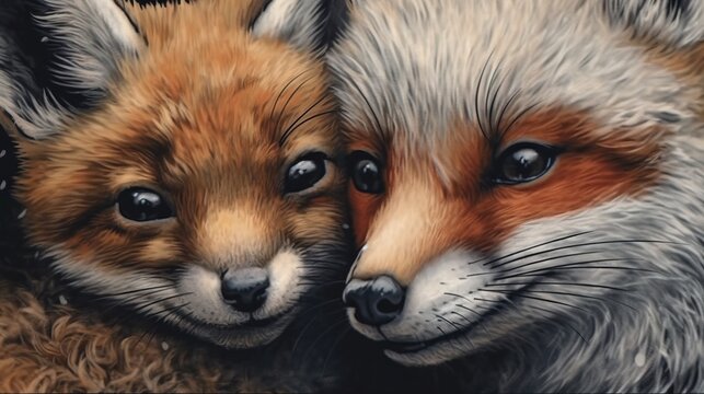 Adorable baby animals playing, two foxes in the forest . Fantasy concept , Illustration painting.