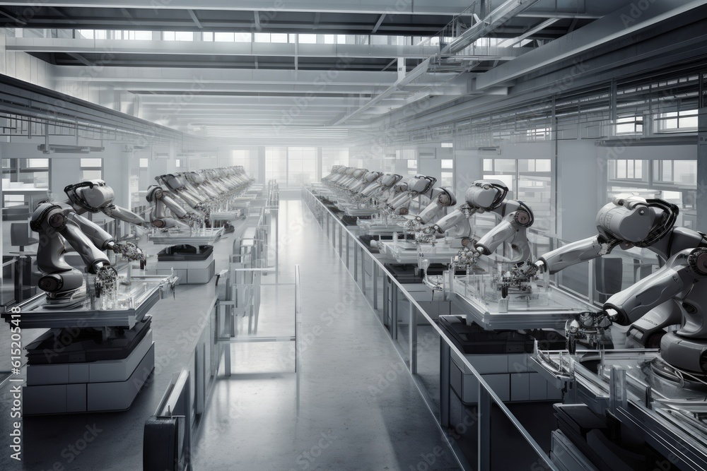 Poster group of robots working together in a factory. generative ai