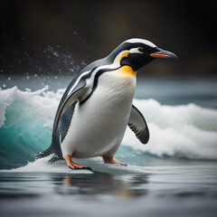 Naklejka na ściany i meble Penguin on water, sliding on icy waves 