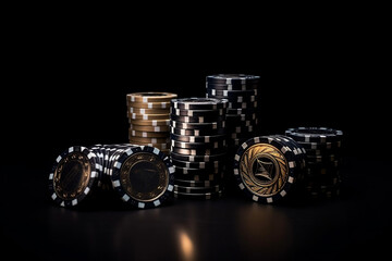 Black Casino  background with  chips, golden  and black tokens
