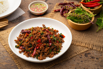 Thai Basil Minced beef,Stir fired ground beef with garlic and basil leaf in chilli sauce (Pad Kra pao)