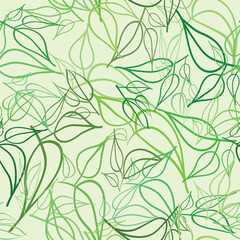 Nature-inspired abstract leaves background: Seamless pattern of vibrant green leaves on a pale green background, elegantly drawn with simple lines, showcasing nature's beauty in a versatile design.