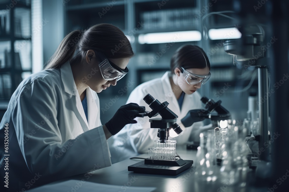 Poster team of scientists working in a laboratory, carefully conducting experiments and analyzing data. gen