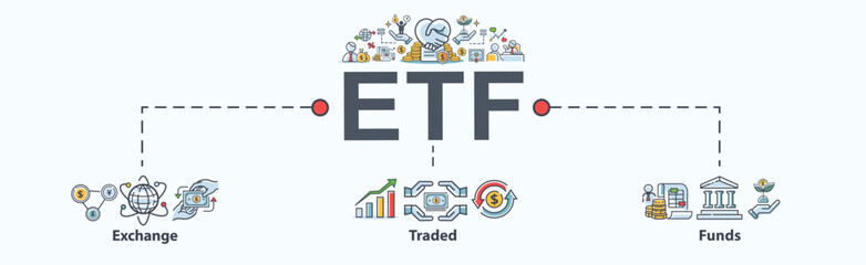 ETF banner web icon for Exchange Traded Funds Stock Market Investment with icon of money, cash flow, trading, transaction, bank, accounting, and growth. Minimal cartoon vector infographic.