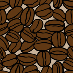 Brown hand drawn vector illustration of group of coffee beans. Seamless pattern