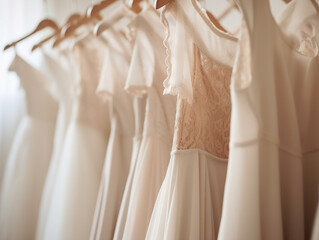 Beautiful white bridal dresses on hanger in shop.