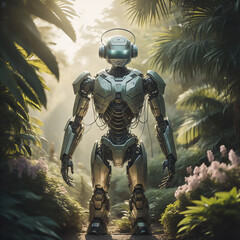 Fototapeta premium A robot Artificial Intelligence immersed in a lush, vibrant jungle, with towering trees, cascading waterfalls, and exotic wildlife, its presence blending harmoniously with the natural environment, con