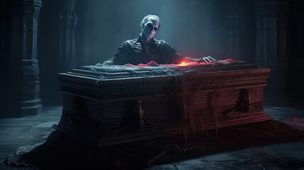 vampire rises from the coffin at night - obrazy, fototapety, plakaty
