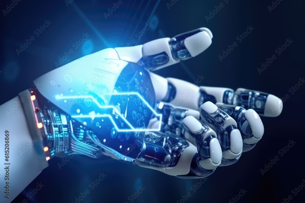 Poster robot hand of the future background. generative ai