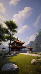 Obraz premium Panoramic temple landscape with scenic park and sky clouds