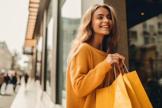 Smiling attractive young women shopping at shoes store, ai generated
