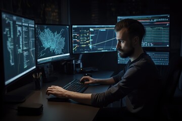 Fototapeta premium Programmer working at their computer, surrounded by monitors displaying code. Generative AI