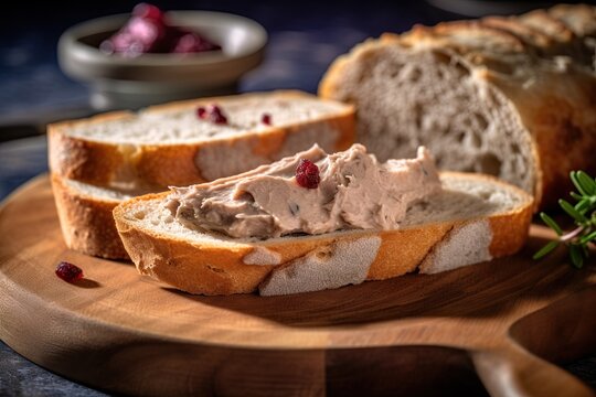 Pate on a slice of bread with garnish. Generative Ai