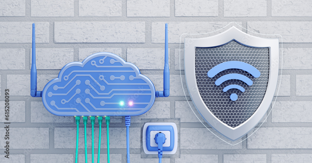 Poster cybersecurity of a personal digital cloud. a home router designed in a form of an electronic cloud a