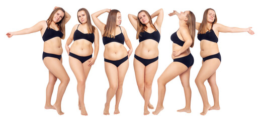 Set of confident woman with overweight natural body posing.