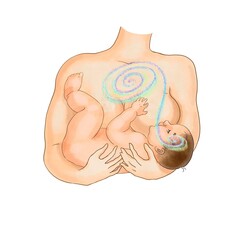 Breastfeeding an infant. Mother is breastfeeding a newborn. The relationship between mother and child at the physical and energetic level. Color illustration of logos, labels, printing on goods.