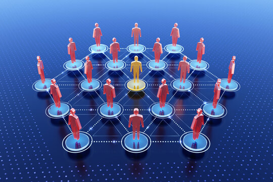 Social Hierarchy. A group of abstract human figures with different genders, which are arranged around one central figure highlighted by yellow. 3D rendering graphics.