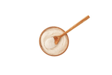 Xanthan Gum Powder in wooden bowl on white background, top view. Food additive E415. Water Soluble powder. Binding agent, Gluten free ingredient. Stabiliser, Thickener