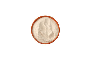 Xanthan Gum Powder in ceramic dish on white background, top view. Food additive, number E415. Thickening and Suspending agent. Often used in gluten-free food