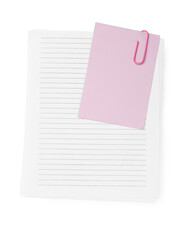 Paper sheet and sticky note on white background