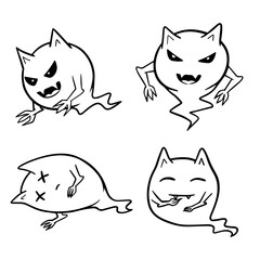 Cute monster doodle vector in various poses, doodle black and white