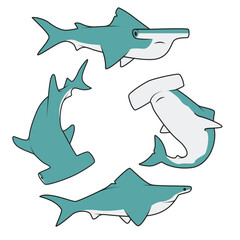Colorful cute vector doodles of hammerhead sharks in various poses, Doodle vector of animals. Blue shark doodle vector.