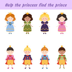 Fototapeta na wymiar Tasks for preschool education. Help the princess find the prince connecting a pair of lines.