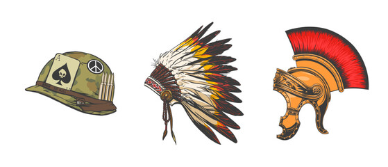 Bright set of headdresses of the US soldier, gladiator and Chief of the tribe in hand drow style for printing and design. Vector illustration.