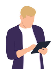 Business concept. A man with a tablet analyzes data. Vector illustration.