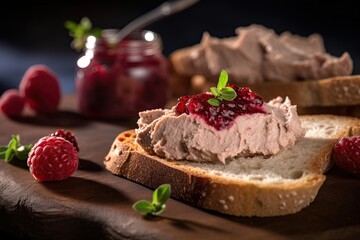 Fototapeta na wymiar Pate on a bread with raspberry jam and mint. Generative Ai