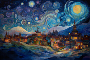 A starry night style painting of a night sky with stars and buildings Generative Ai