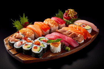 Big set of delicious sushi rolls on black background, AI Generated