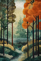 Obraz na płótnie Canvas A tranquil forest landscape, poster art, with a mixed media pattern background. AI generated